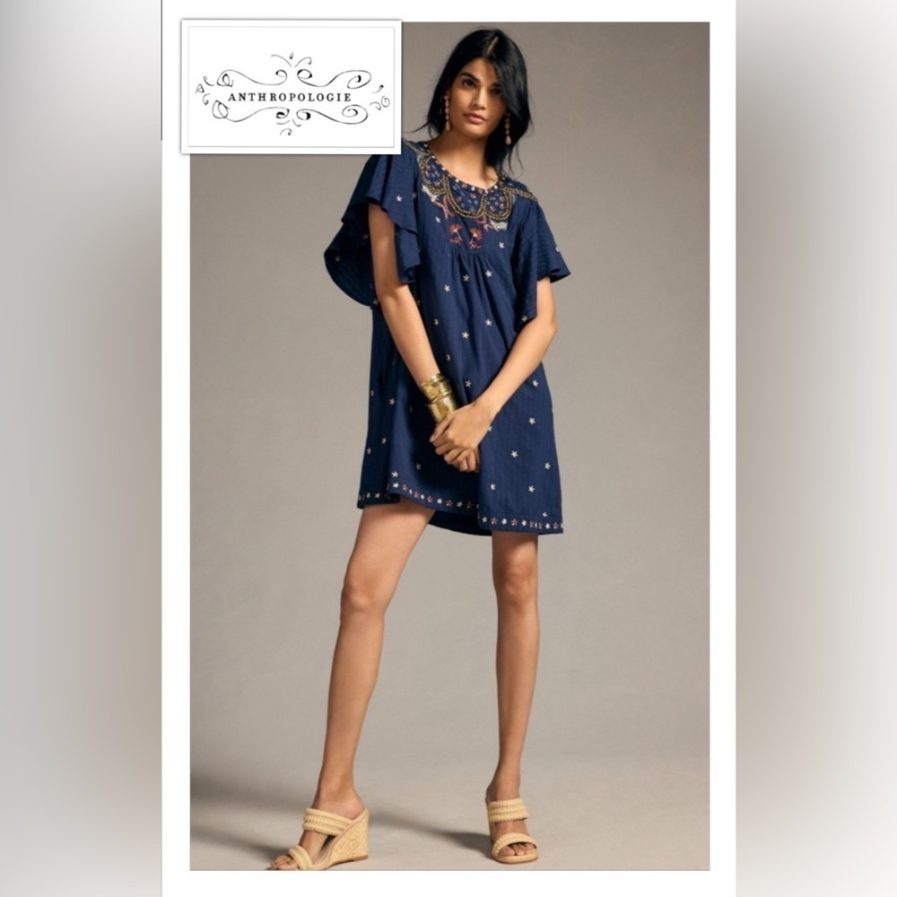 Anthropologie Embroidered Navy Tunic Dress Gold bead Embellish Oversize Fit XXS